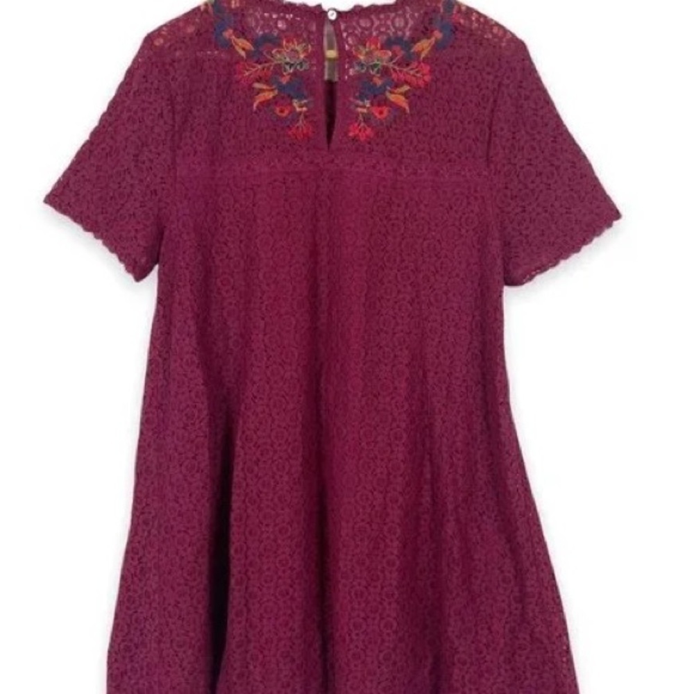 Umgee Boho Embroidered Burgundy Lace Shift Dress Spring Brunch Vacation  Size S - Picture 8 of 12